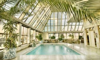 a large indoor swimming pool surrounded by glass walls , with several people enjoying their time in the pool at Park Plaza Apartments