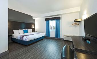 a large bedroom with a king - sized bed , hardwood floors , and a window overlooking the city at Comfort Hotel