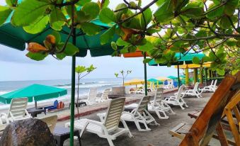 a beach scene with umbrellas , lounge chairs , and tables set up on the sand , providing shade and seating for guests at Hotel Estero y Mar