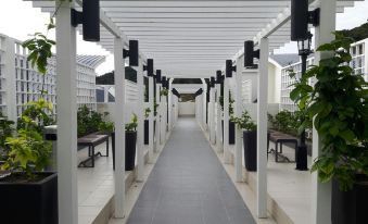 a long , white walkway with black columns and potted plants lining the left side , leading to a building at G Residence