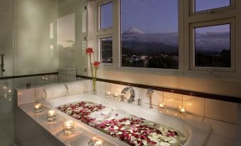 a luxurious bathroom with a large bathtub filled with rose petals and lit candles , creating a romantic atmosphere at Hotel Venezia