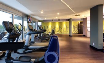 a gym with various exercise equipment , including treadmills and stationary bikes , in a well - lit room at Steigenberger Braunschweig