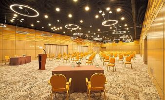 a large , well - lit conference room with rows of chairs arranged in a semicircle , ready for an event at Ana Hotels Europa Eforie Nord