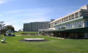 a large hotel building with a grassy area in front of it , under a clear blue sky at Radisson Hotel Niagara Falls Grand Island