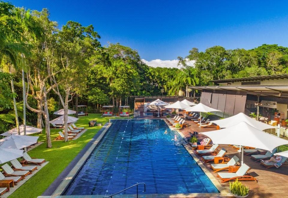 a large outdoor swimming pool surrounded by lush greenery , with several lounge chairs and umbrellas placed around the pool area at Crystalbrook Byron