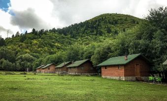 a row of small wooden houses is set against a backdrop of green hills and trees at Farma Sotira