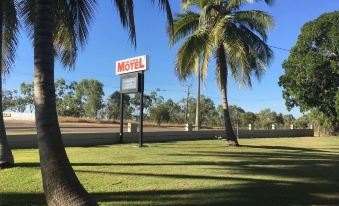 a motel sign is surrounded by palm trees and grass in a grassy area under a blue sky at Hillview Motel