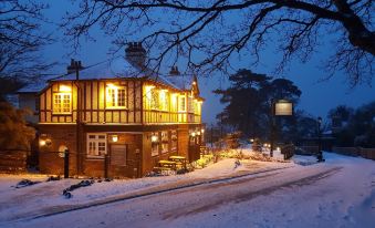 a snow - covered street with a large wooden building , possibly a hotel , illuminated at night at The Fishbourne