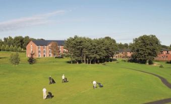 a group of people are playing golf on a grassy field with buildings in the background at Macdonald Hill Valley Hotel Golf & Spa