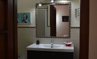 a bathroom sink with a large mirror above it and a portrait of a woman on the wall at Madison House