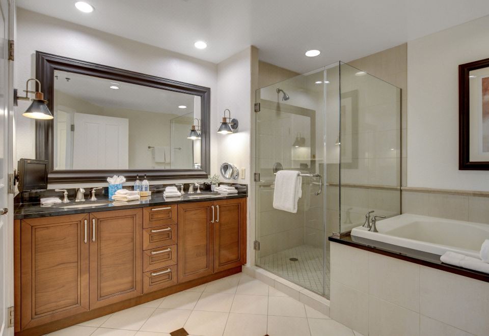 精英一室套房，1张特大床带梳化床，冰箱和微波炉，城市景观