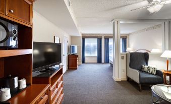 a hotel room with a large flat - screen tv mounted on the wall , a desk , and a closet at Hilton Garden Inn Wooster