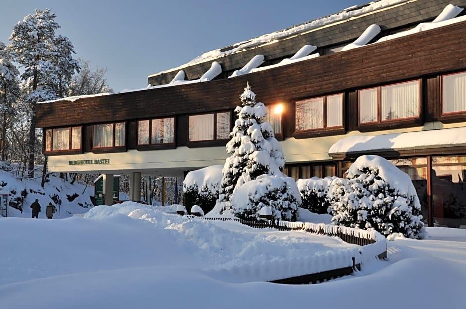 a snow - covered building with a large christmas tree in front , surrounded by snow - covered ground and trees at Berghotel Bastei
