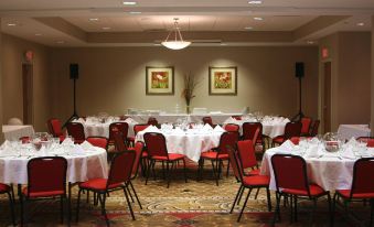 a large banquet hall with several tables and chairs set up for a formal event , possibly a wedding reception at Holiday Inn Carbondale-Conference Center