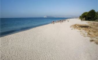 a sandy beach with a few people walking and sitting on the sand , enjoying the sun and water at Hotel Califfo