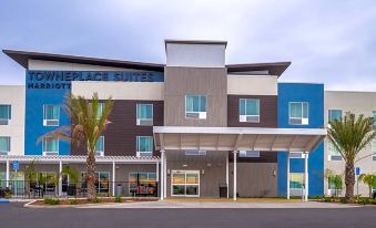 a holiday inn express hotel with a blue and gray exterior , a covered entrance , and palm trees in front of it at TownePlace Suites Merced