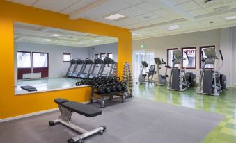 a well - equipped gym with various exercise equipment , including treadmills and weight machines , in a spacious room with yellow walls at Thon Hotel Hallingdal