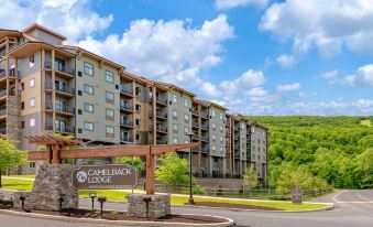 a large apartment building with multiple balconies , situated on a hill overlooking a forested area at Camelback Lodge & Aquatopia Indoor Waterpark