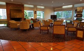 a well - lit hotel lobby with comfortable seating , a fireplace , and a flat - screen tv on the wall at Shahzan Inn Fraser's Hill