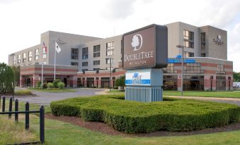 a doubletree by hilton hotel with its entrance , surrounded by a grassy area and a cloudy sky at DoubleTree by Hilton Hartford - Bradley Airport