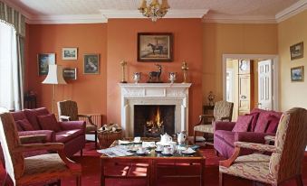 a living room with orange walls , a fireplace , and various pieces of furniture , including chairs , a coffee table , and couches at Corse Lawn House Hotel