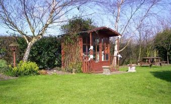 a wooden shed with a window and two statues is surrounded by greenery in a grassy area at St Quintin Arms