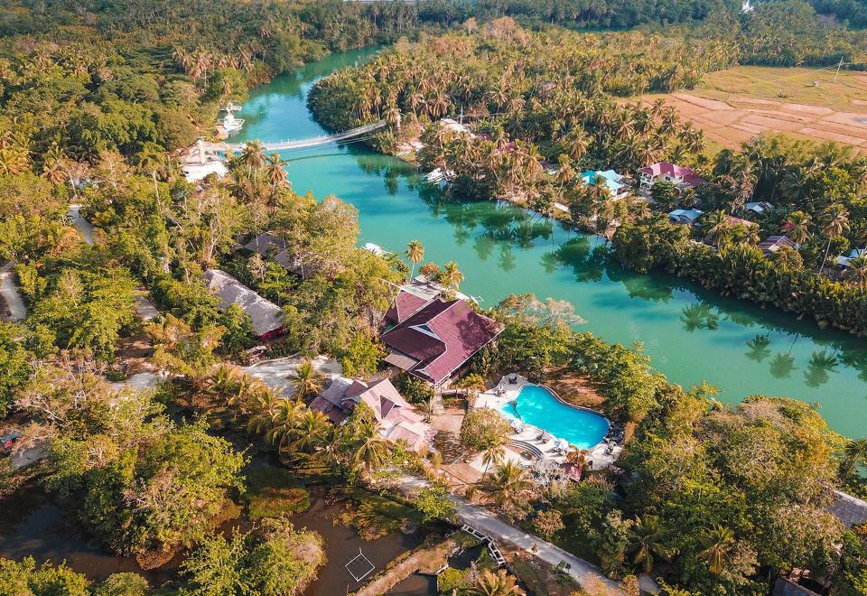 aerial view of a lake surrounded by trees , with a small house on the shore at Loboc River Resort