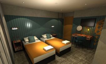a hotel room with two beds , one on the left and one on the right side of the room at The Garrison
