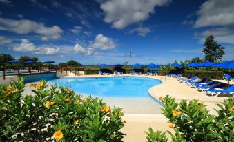 a large outdoor swimming pool surrounded by lounge chairs and umbrellas , with a beautiful view of the ocean in the background at Beach View Hotel