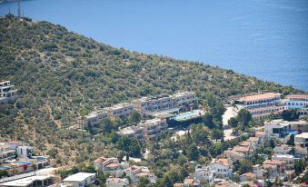a bird 's eye view of a residential area nestled on a hillside with trees and water at Happy Hotel Kalkan