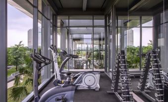 a well - equipped gym with various exercise equipment , such as treadmills , stationary bikes , and weight machines at Mercure Tangerang BSD City