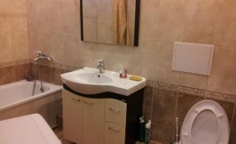 a bathroom with a sink , toilet , and bathtub , as well as various bathroom amenities such as towels and soap at Luxury Apartment