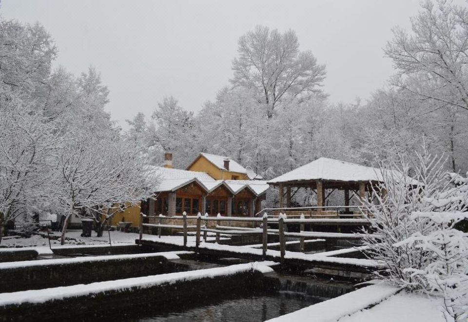 a snow - covered village with a group of people gathered around a pond , enjoying the winter scenery at Farma Sotira