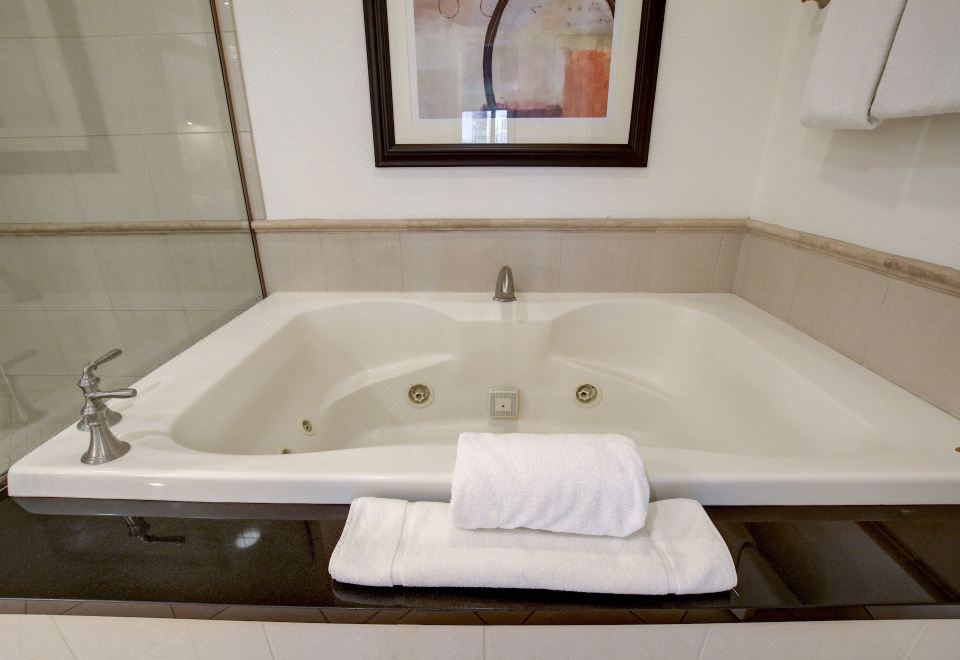 精英一室套房，1张特大床带梳化床，冰箱和微波炉，城市景观