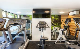 a well - equipped gym with various exercise equipment , including treadmills and weight machines , positioned in front of large windows at Novotel Queenstown Lakeside