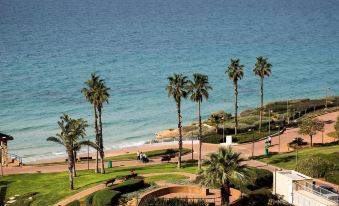 a beautiful coastal landscape with palm trees , white buildings , and blue water , captured from a high vantage point at David Tower Hotel Netanya by Prima Hotels - 16 Plus