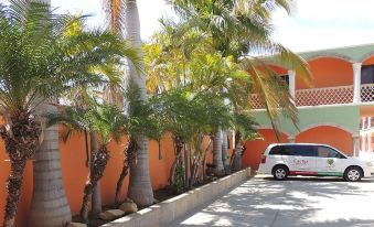 a white van is parked on the side of a road next to palm trees and an orange building at Cactus Inn Los Cabos