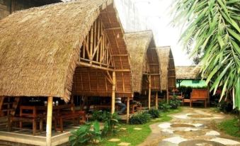a group of thatched - roof huts with wooden railings , surrounded by lush greenery and a path at High Livin Apartment Baros