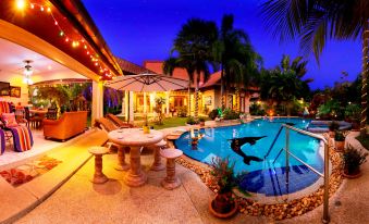 Relaxing Palm Pool Villa, Tropical Illuminated Garden Private Swimming Pool