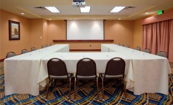 a conference room with multiple chairs arranged in a semicircle around a table , and a projector mounted on the wall at Homewood Suites by Hilton Minneapolis-New Brighton