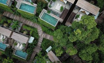 An aerial view of a resort or hotel complex with houses, a pool, and surrounding trees at Dinso Resort & Villas Phuket, Vignette Collection