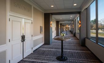 a long , carpeted hallway with multiple doors and a wooden table in the center , surrounded by walls at Tysons Corner Marriott