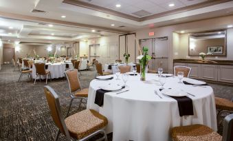 a well - decorated banquet hall with multiple round tables covered in white tablecloths and adorned with centerpieces at Hilton Garden Inn Nashville/Smyrna