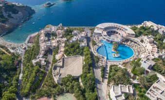 a bird 's eye view of a resort with a large pool surrounded by buildings and palm trees at Athina Palace Resort & Spa