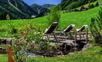 a serene mountain landscape with two sun loungers , green grass , and a small pond , under a clear blue sky at Hotel Steinbock