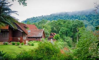 a group of houses with red roofs nestled in the midst of lush green trees and mountains at Mutiara Taman Negara