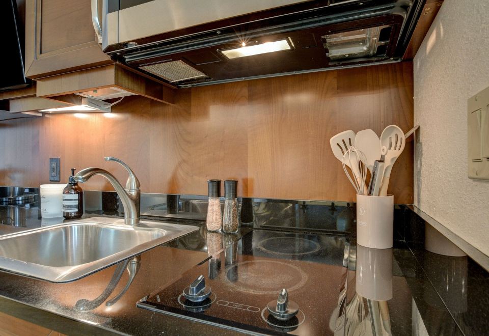 精英一室套房，1张特大床带梳化床，冰箱和微波炉，城市景观