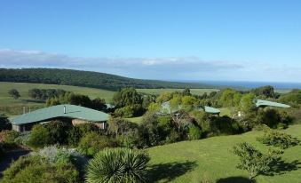 a lush green field with several houses and mountains in the background , under a clear blue sky at Hotel Etico at Mount Victoria Manor