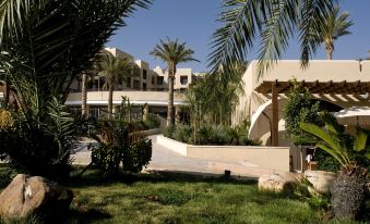 a large building with a curved roof is surrounded by palm trees and a grassy area at Dead Sea Spa Hotel