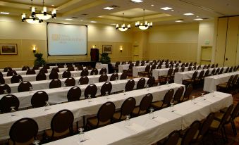 a conference room with rows of tables and chairs , a projector screen , and chandeliers hanging from the ceiling at Hilton Garden Inn Albany
